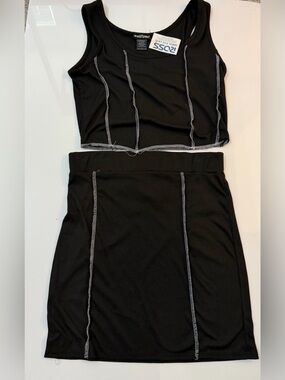 Black Ribbed Tank and Skirt Set with Contrast Stitching